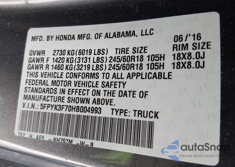 2017 Honda Ridgeline Rtl-E z USA, uszkodzony, nr VIN 5FPYK3F70HB004993